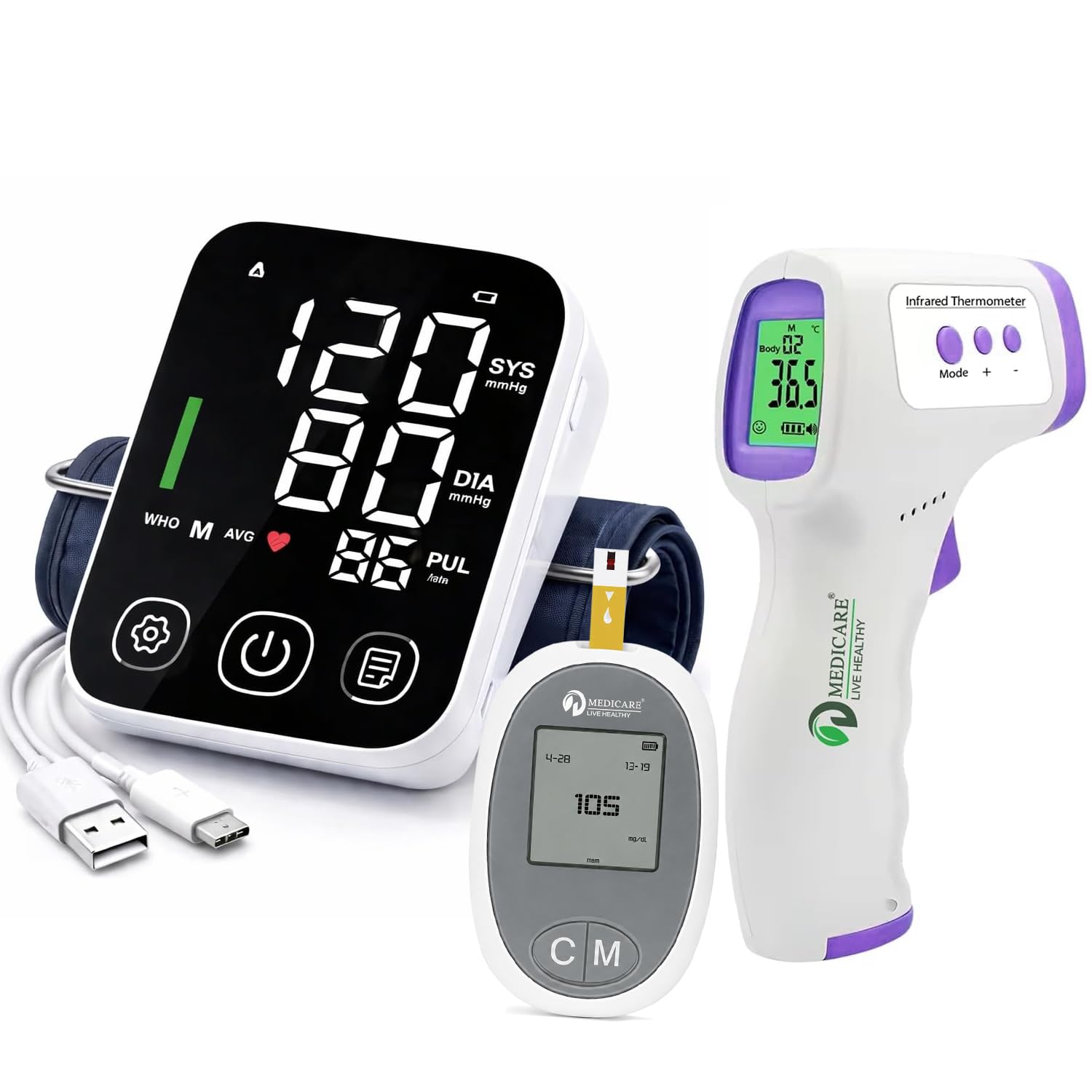 Rechargeable Blood Pressure Monitor, Glucometer Set & Infrared Thermometer Combo | Home Health Care Kit | BP, Blood Sugar & Temperature Monitoring (RECOMB-110)-image-6