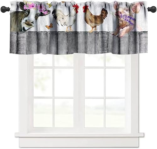 Cenefa de ventana de animales de granja, cenefa de cortina corta vintage de cerdo, vaca, pollo, para dormitorio, baño, sala de estar, cocina,