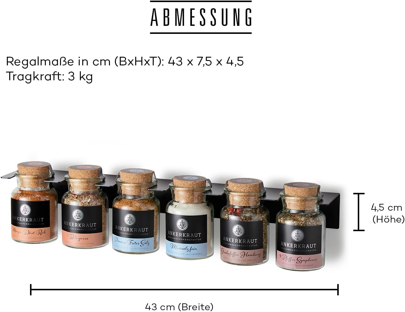 Ankerkraut 6 Spice Rack, Spice Organiser Made of Metal, Original Suitable for 6 x Spice Jars, Easy Assembly, Includes 2 x Dowels and Screws, Made in Germany