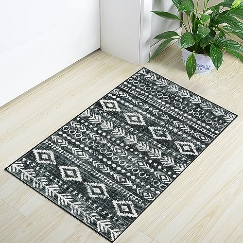 Lahome Kitchen Rugs Non Slip Washable Rugs for Entryway, Boho Black White 2x3 Entry Rug Ultra-Thin Moroccan Print Bathroom Mat with Rubber Backing, Farmhouse Small Rug for Indoor Entrance Bl