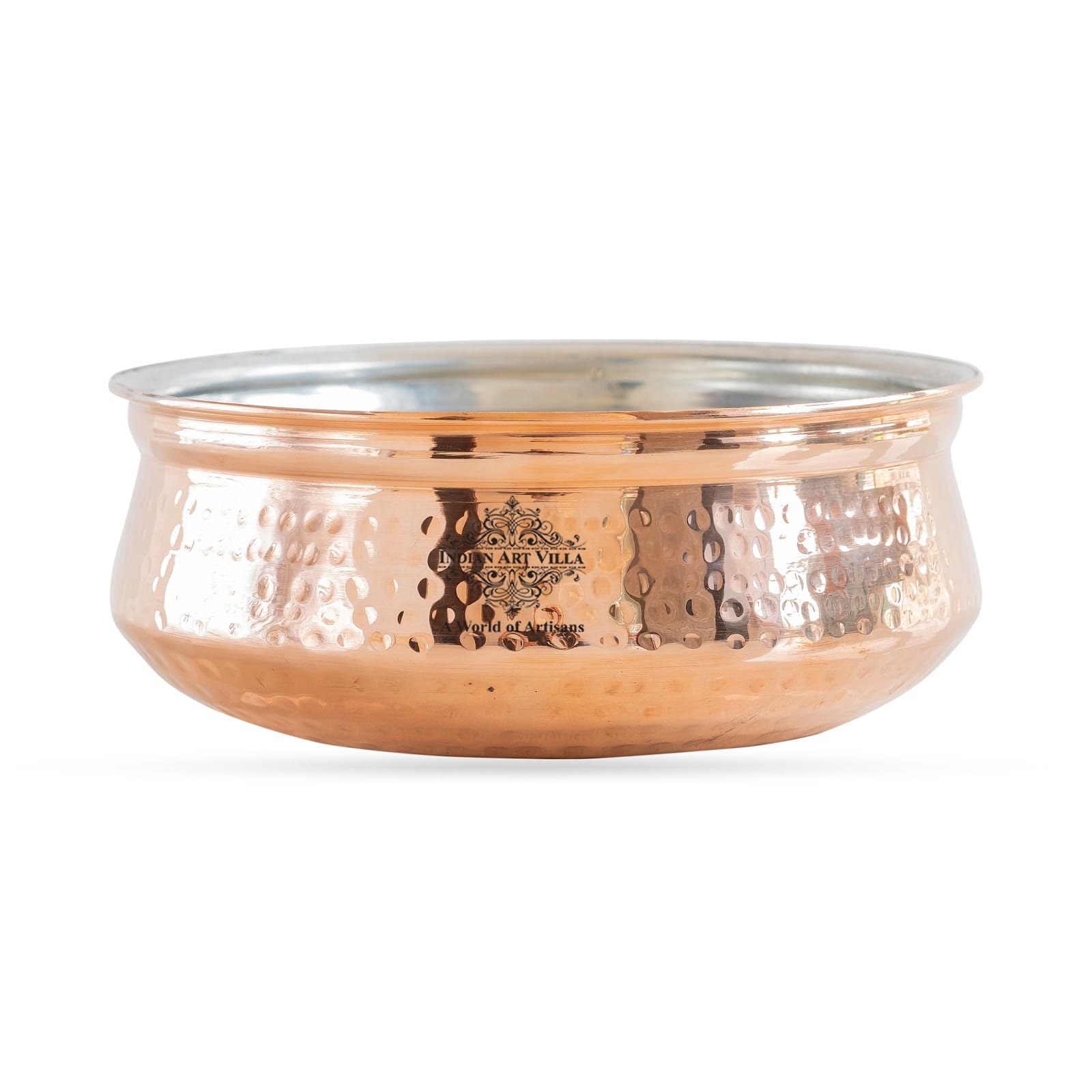 Indian Art Villa Copper Hammered Handi Bowl With Tin Lining, Serveware, Tableware, 2850 ML, Brown