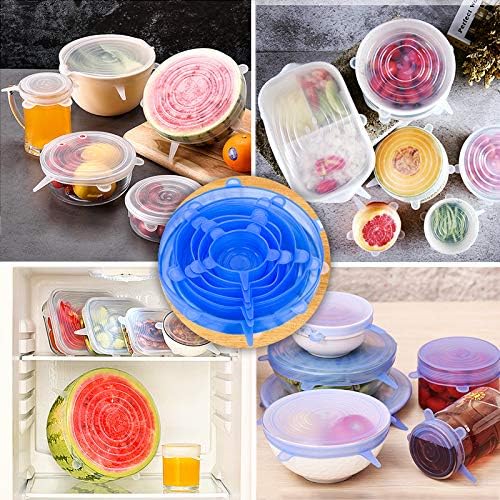 Silicone Stretch Lids 12 Pack Silicone Lids Various Sizes Reusable Round Silicone Lids for Fruits Vegetables Cups Bowls Dishes Cans, Dishwasher & Freezer Safe (6 Blue + 6 White)