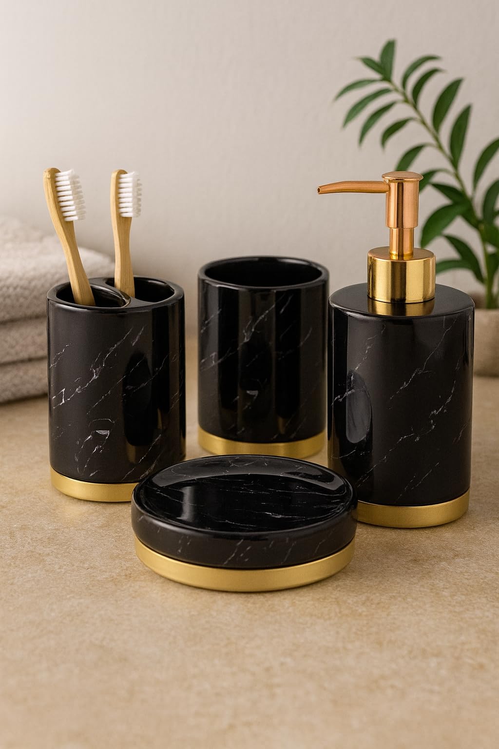 WPM 4 Piece Ceramic Bathroom Accessories Set - Marble Look Black Gold - Our Complete Bath Decor Kit Includes Designer Soap or Lotion Dispenser - Toothbrush Holder - Tumbler - Soap Dish