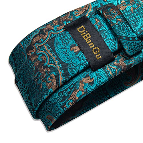 Image of DiBanGu Extra Long Tie for Men Silk 63 inch XL Necktie and Pocket Suqare Cufflinks Set Mens Big and Tall Tie Wedding Party Teal