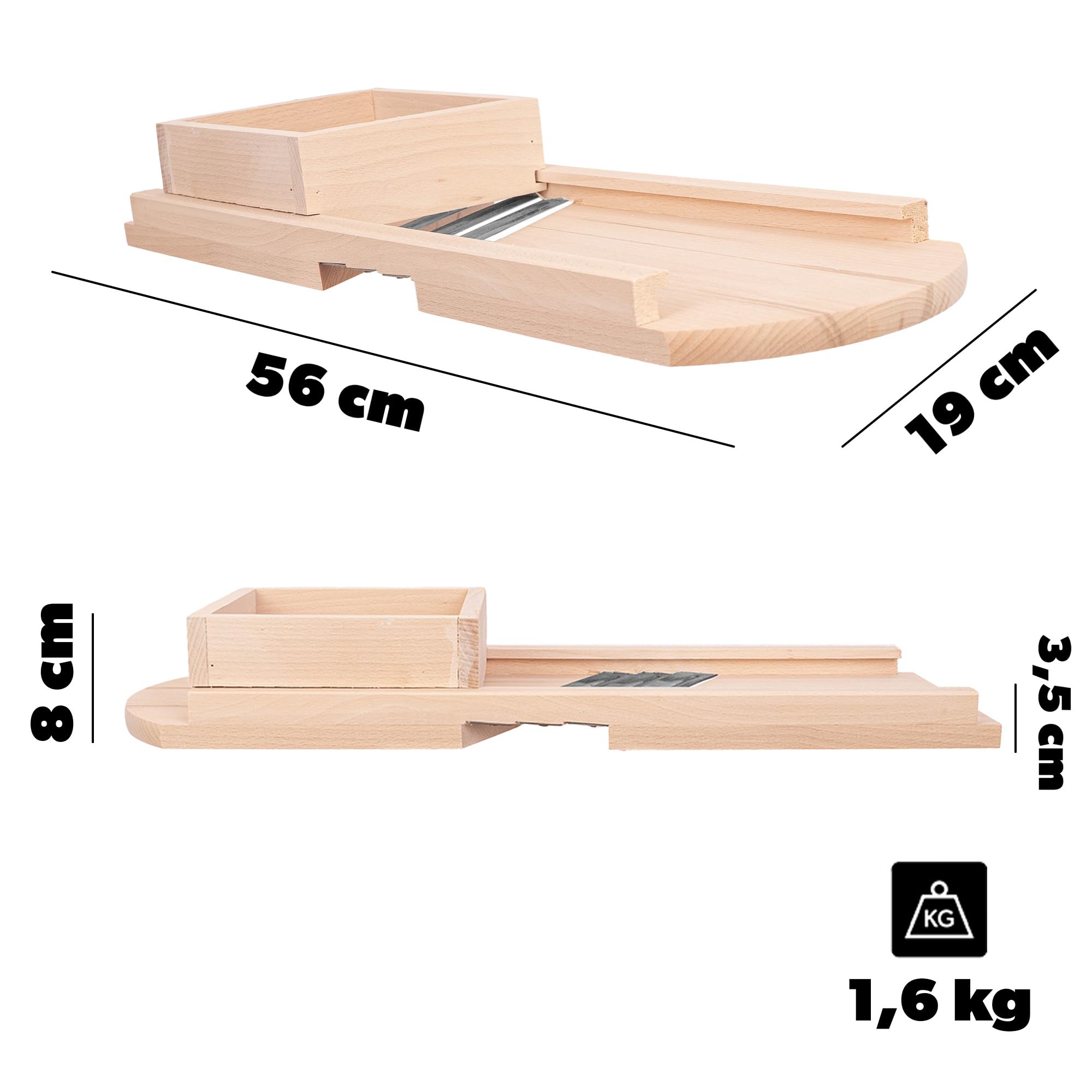 KADAX Cortador de repollo y verduras de madera de 56 x 19 cm, 3 cuchillas de acero inoxidable, corte rápido y uniforme, para crudos, encurtidos y ensaladas