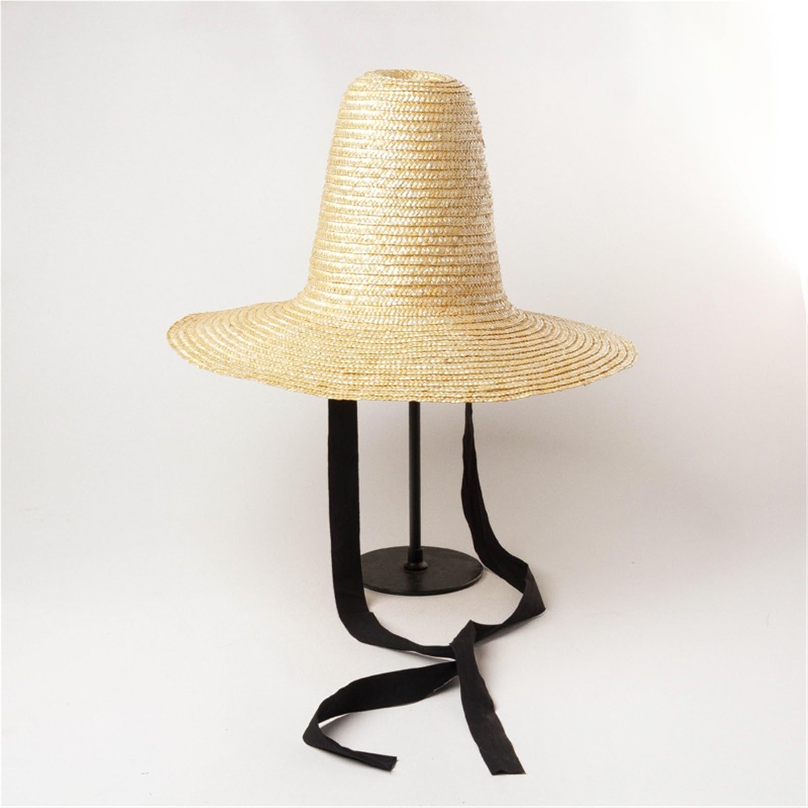 Cappello da Sole in Paglia con Punta Alta e Cinturini, Stile sfilata di Moda e Cappello di Paglia a Tesa Larga