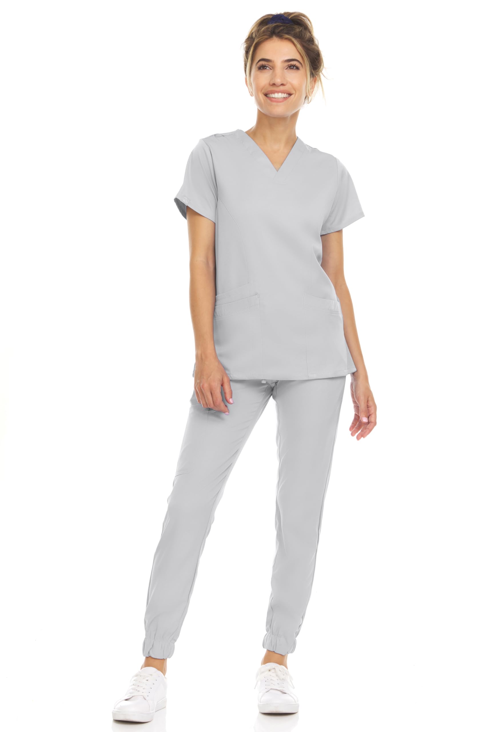 MediChic Women’s Scrubs Set – V-Neck Stretch Scrub Top with 8-Pocket Jogger Pants, Anti-Wrinkle Medical Workwear