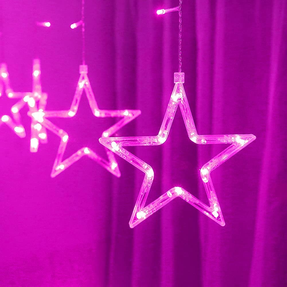 Luces de cortina de Navidad con 12 estrellas, 138 LED, cadena de luces de estrella funciona con pilas, luces LED de ventana para Navidad, boda, fiesta, rosa
