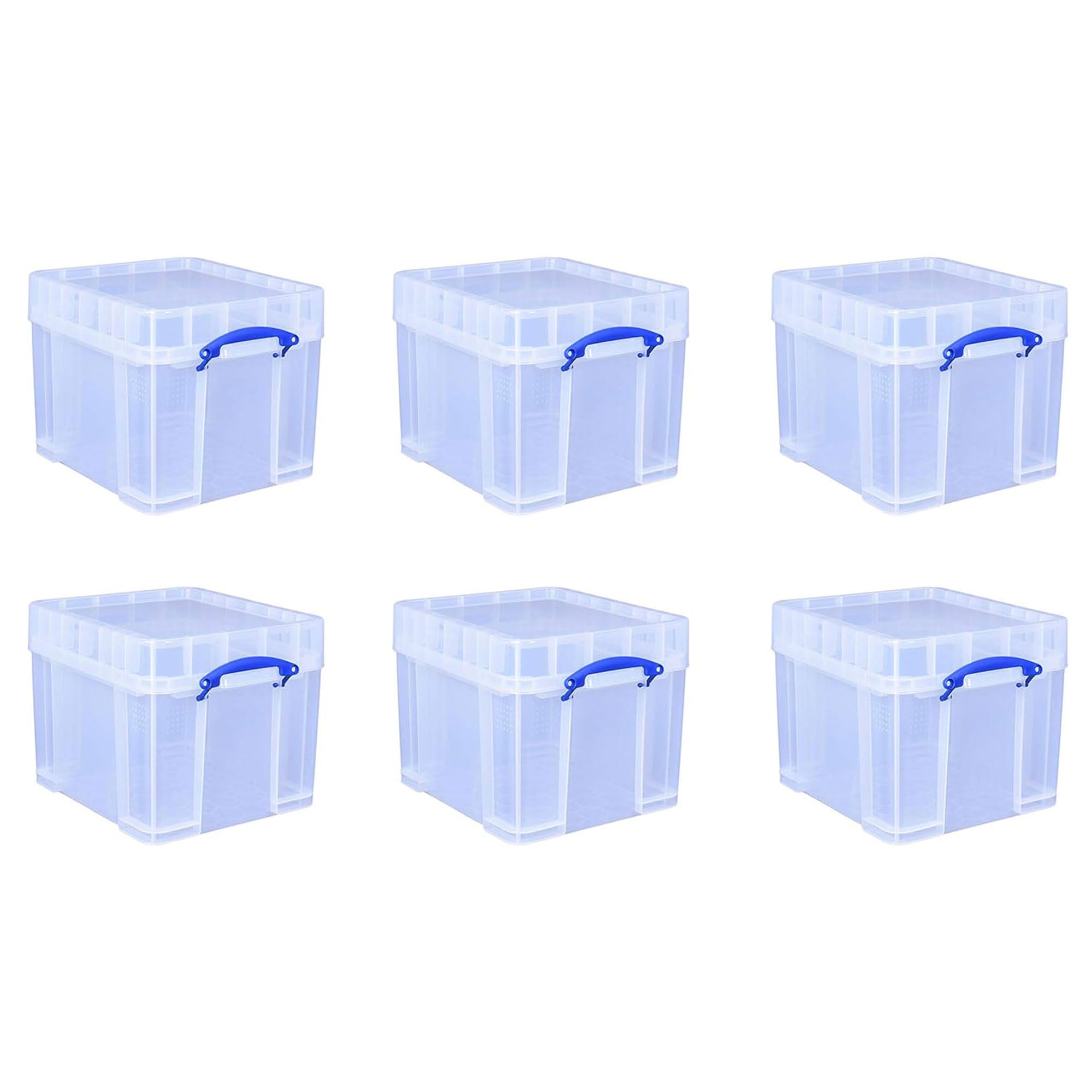Really Useful Box 35 Liters Transparent Storage Container with Snap Lid and Clip Lock Handle for Lidded Home and Item Storage Bin, 6 Pack