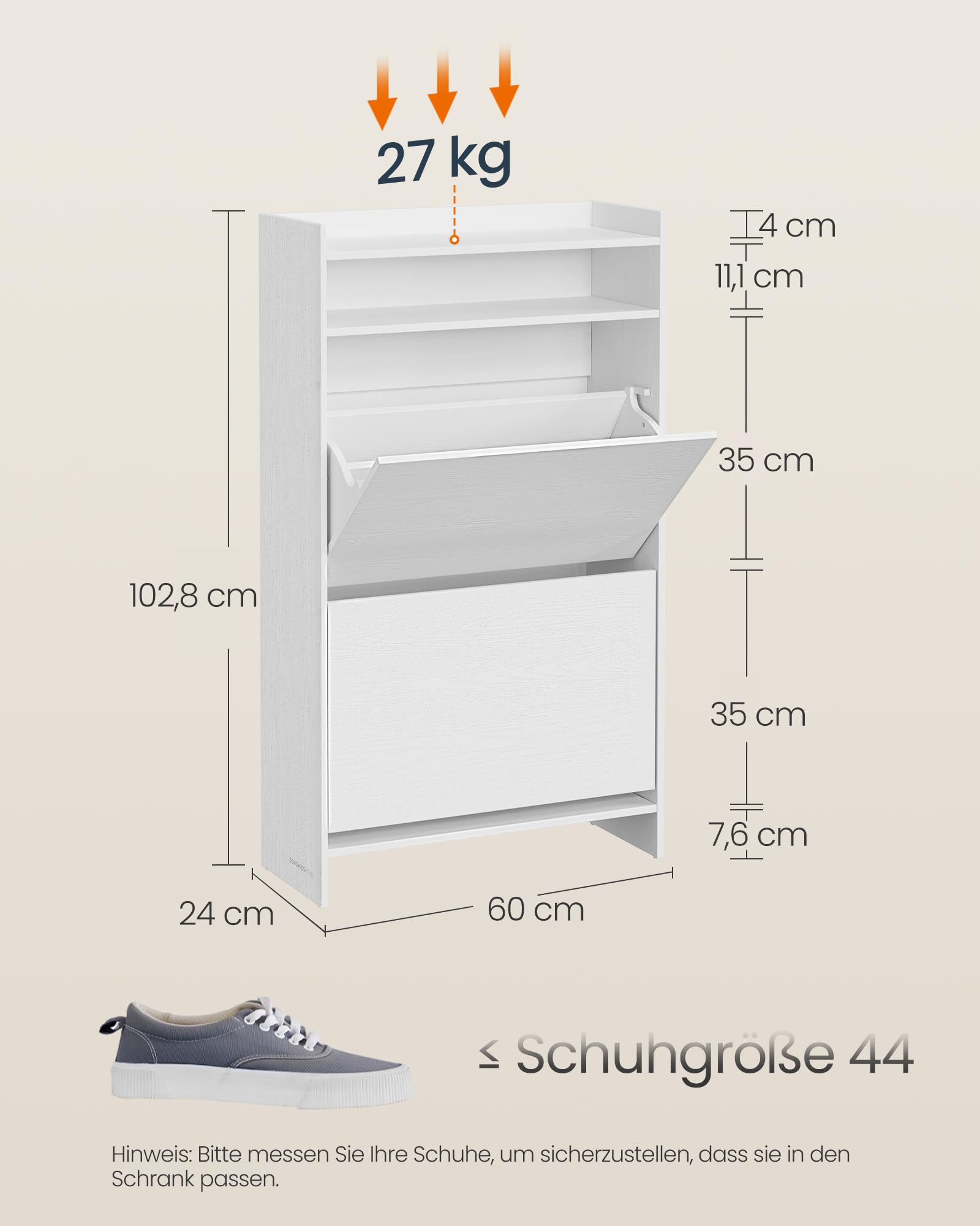 SONGMICS HOME Schuhschrank 2 Klappen, Snapsemble – superschnelle Montage， Schuhkipper schmal, Schuhaufbewahrung, Trennwand verstellbar, modern, für Flur, schneeweiß LBC228WE01