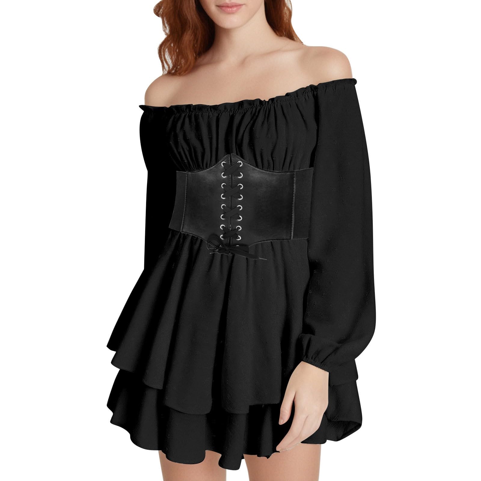 White Pirate Dress Off Shoulder Ruffle Romper Dress White Pirate Halloween Costume Short Puff Sleeve Smocked Jumpsuit Overall Elastic Waist A-Line Shorts Mini Dresses