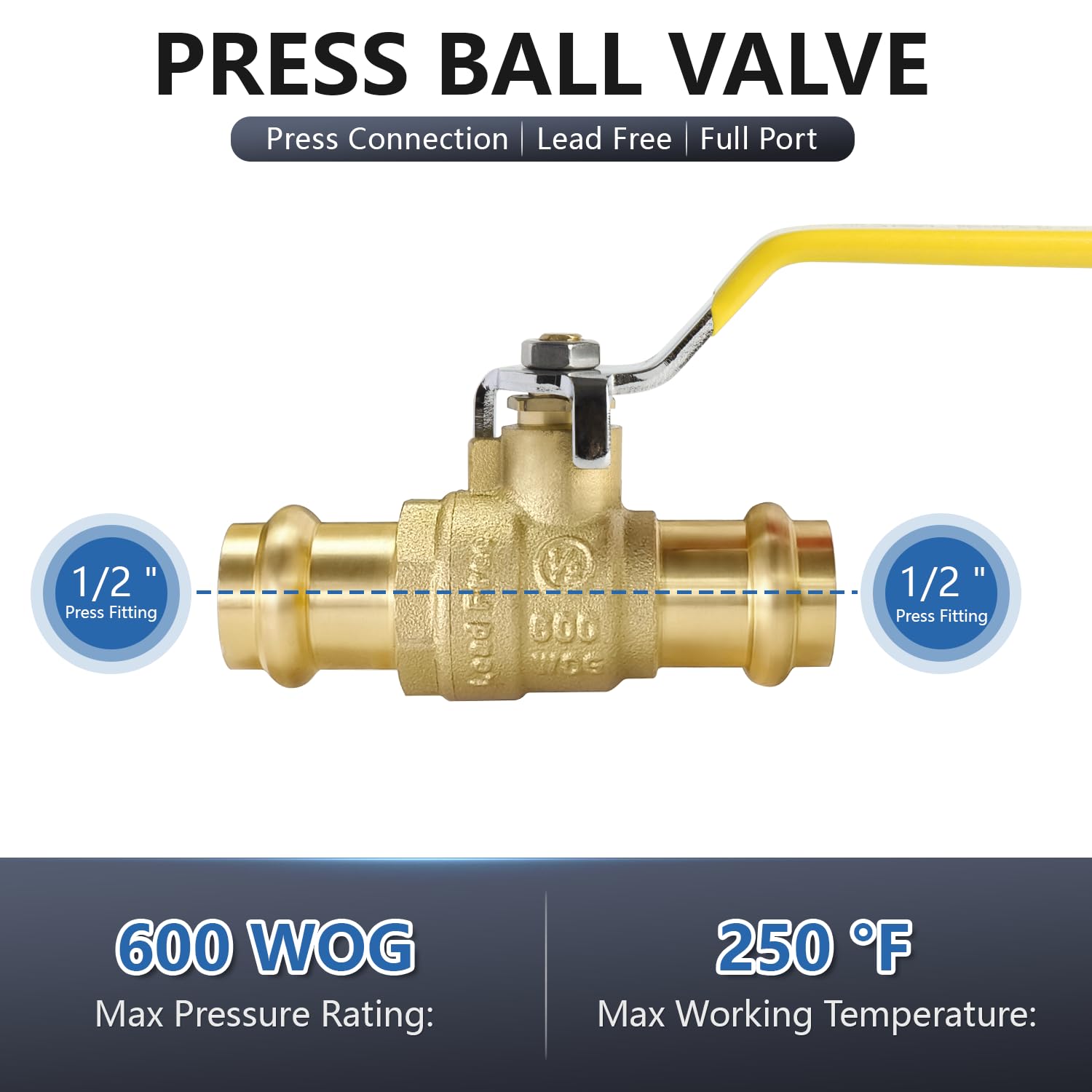 WiseWater Válvula de bola de presión de 1,27 cm, 6 unidades, válvula de bola de cierre de 1/4 de vuelta para conexión de tubo de cobre, asas amarillas