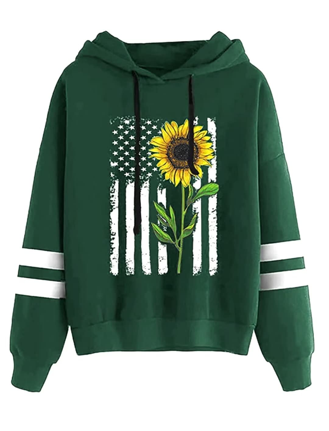 TICTICMIMI Women Sunflower Print Sweatshirts Color Block Long Sleeve Hoodies Lightweight Drawstring Pullover Tops