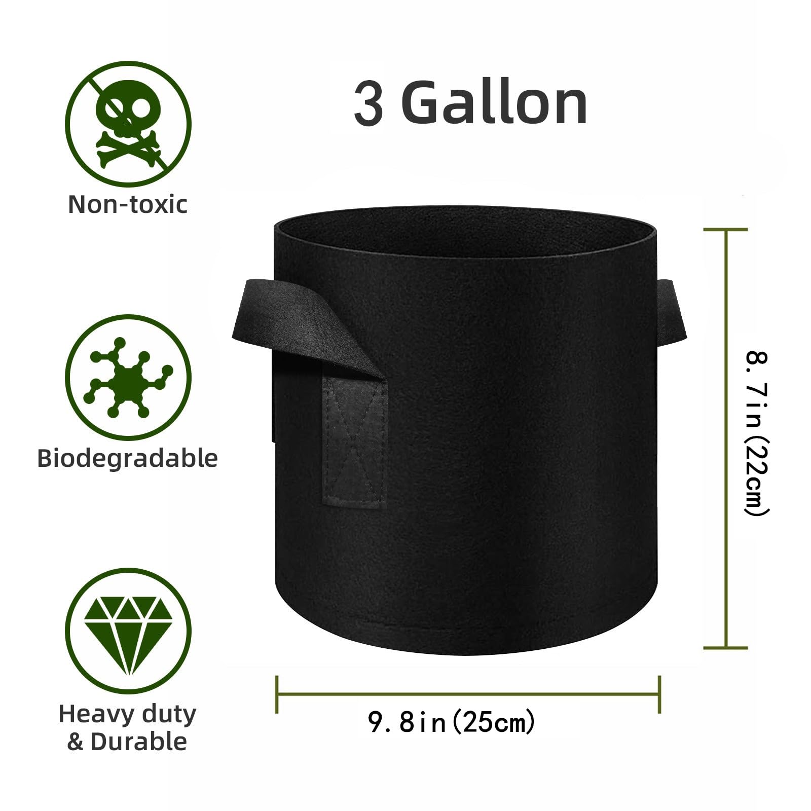 WHATWEARS 5 Pack 3 Gallon Plant Grow Bags, Thickened Nonwoven Fabric Pots with Handles, Vegetable Planter Bags Containers - Image 2