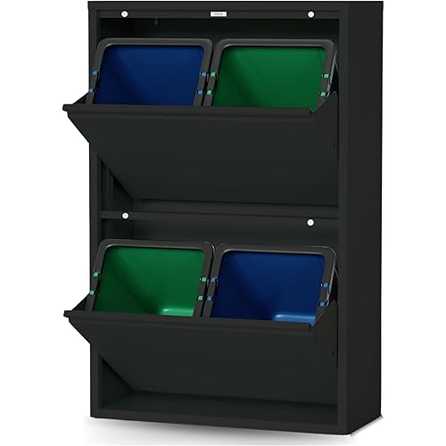 Tilt-Out Trash Can Cabinet with 4 Garbage Cans - Waste Storage Solution for Kitchen and Garage | Tilt Out Trash Can Cabinet | Garbage Can Cabinet | kitchen Garbage Can Holder (Black, 4 Buckets)