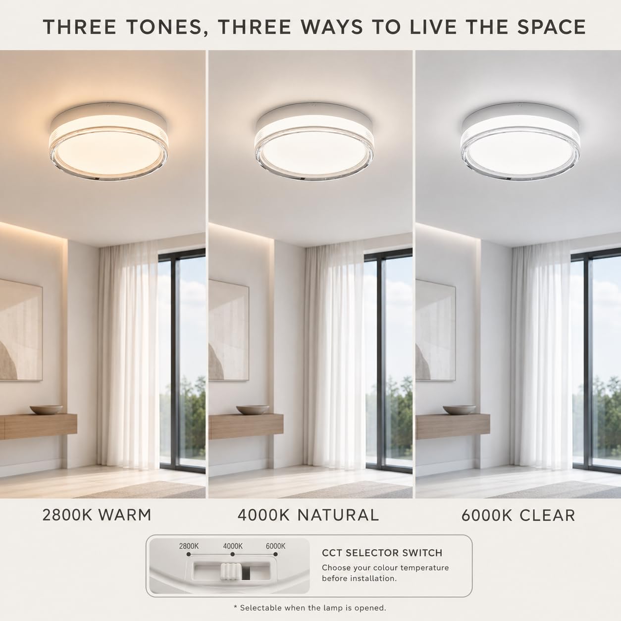MARSI Plafoniera LED IP65 Ø30 cm 24W, 3 CCT 2800K 4000K 6000K | Bianca, installazione a soffitto o parete, per bagno, corridoio e balcone. Bordo in acrilico trasparente