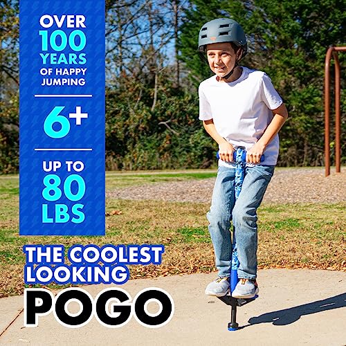 Image of Flybar Jolt Pogo Stick for Kids, Perfect for Beginners w / Foam-Covered Metal Frame, Handles & Padding, Non-Slip Foot Pads, Wide Tip, Outdoor Active Play Toy for Boys & Girls, Ages 6+, Blue Camo
