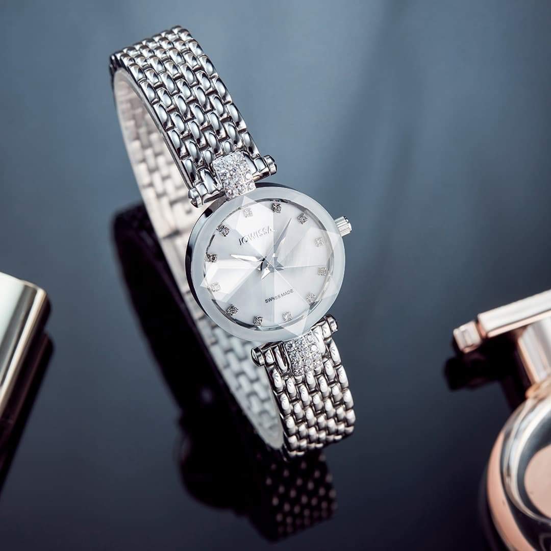 JOWISSA Weiss/Silber Facet Strass Schweizer Damenuhr J5.636.S