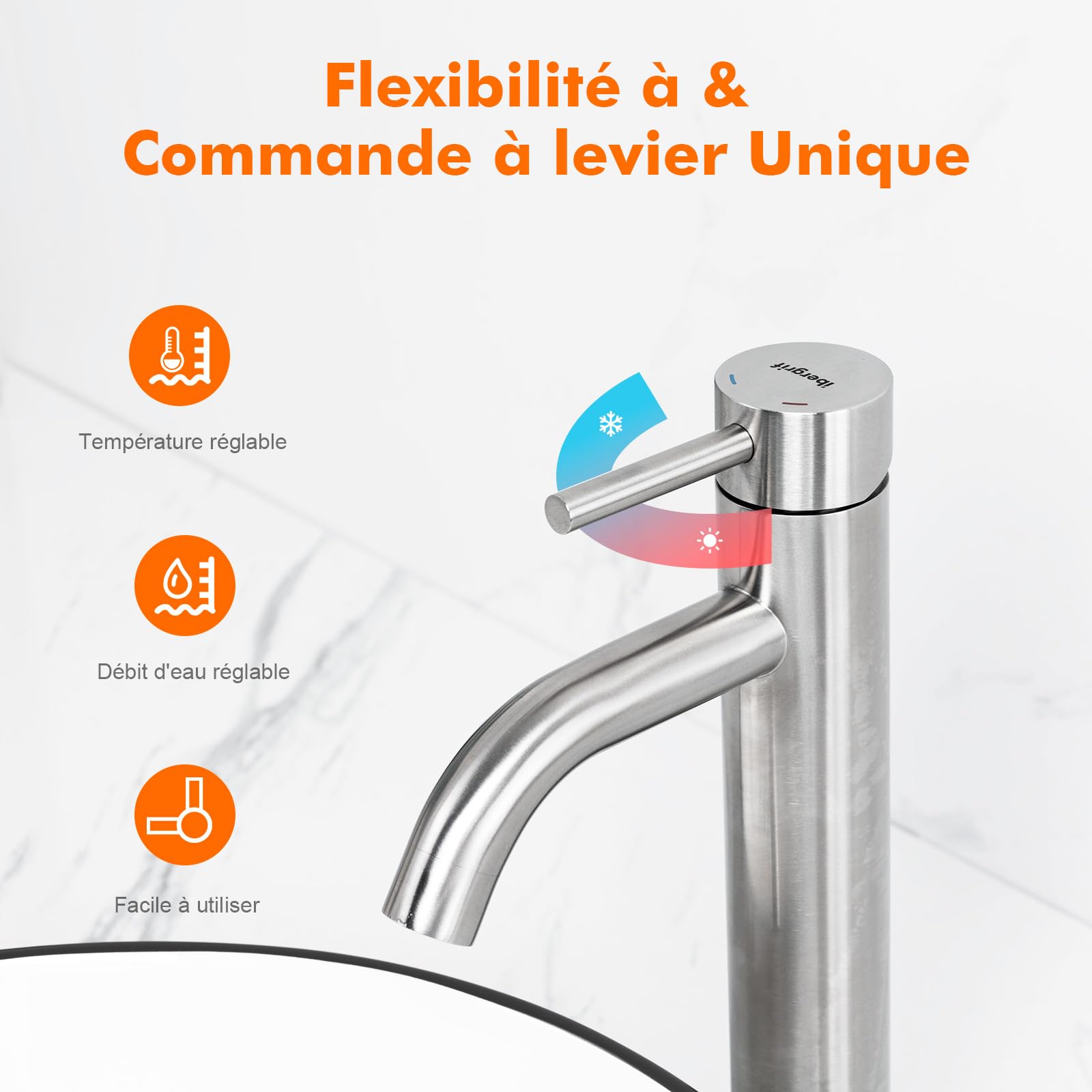 Ibergrif robinet mitigeur lavabo haut à bec haut gris | Raccordement eau froide et chaude pour salle de bains
