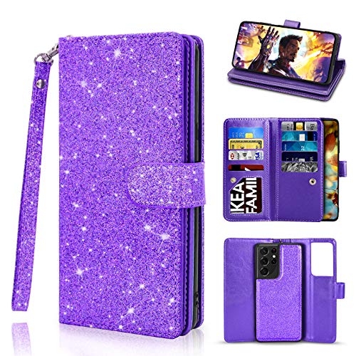 Newseego Compatible Samsung Galaxy S21 Ultra Wallet Case (6.8 Inch),Glitter PU Leather Magnetic Closure Multi-Credit Card Slot Cash Holder Detachable 2 in 1 Wallet Cover with Wrist Strap-Purple