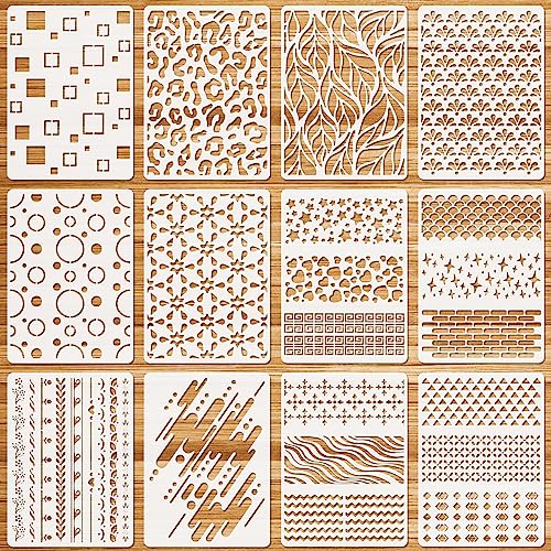 OOTSR 12 Piezas Plantillas para Pintar Reutilizable, A4-Stencil Plantillas Geométricas Manualidades, para Paredes Lienzo Madera Muebles Suelos Azulejos, Niños DIY Pintar