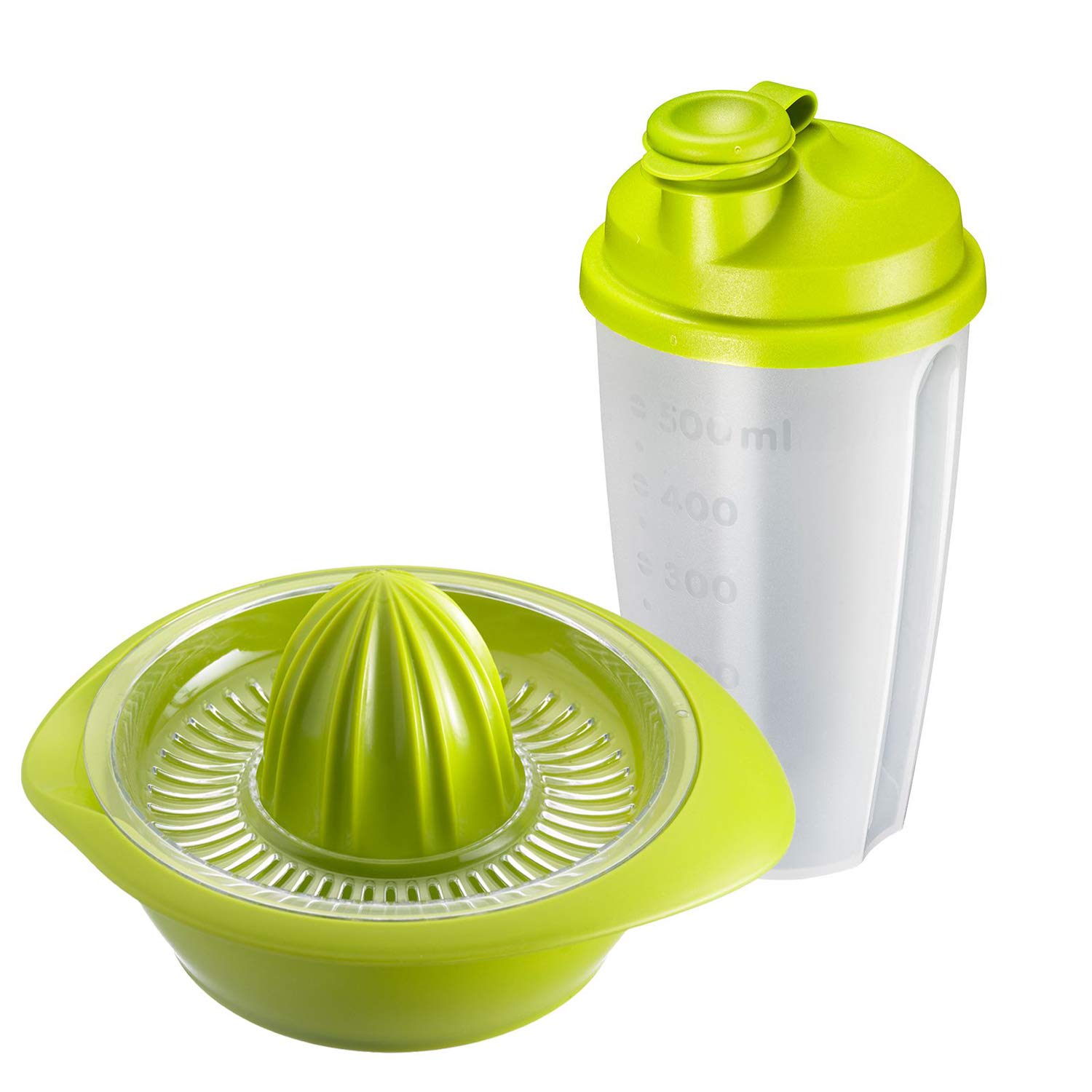 Westmark Fitness Set 2pcs, Citrus and Orange Press and Dressing Shaker, Capacity: 0.5 l Each, Plastic, Mixery, Limetta, Apple Green/Transparent, 309122E7