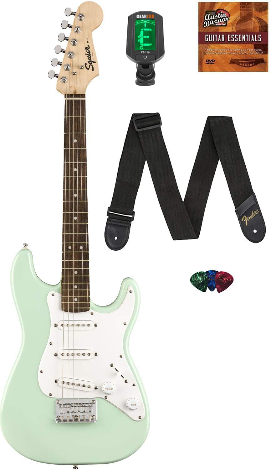 Fender Squier 3/4-Size Kids Mini Strat Electric Guitar - Surf Green Bundle with Tuner, Strap, Picks, and Austin Bazaar Instructional DVD