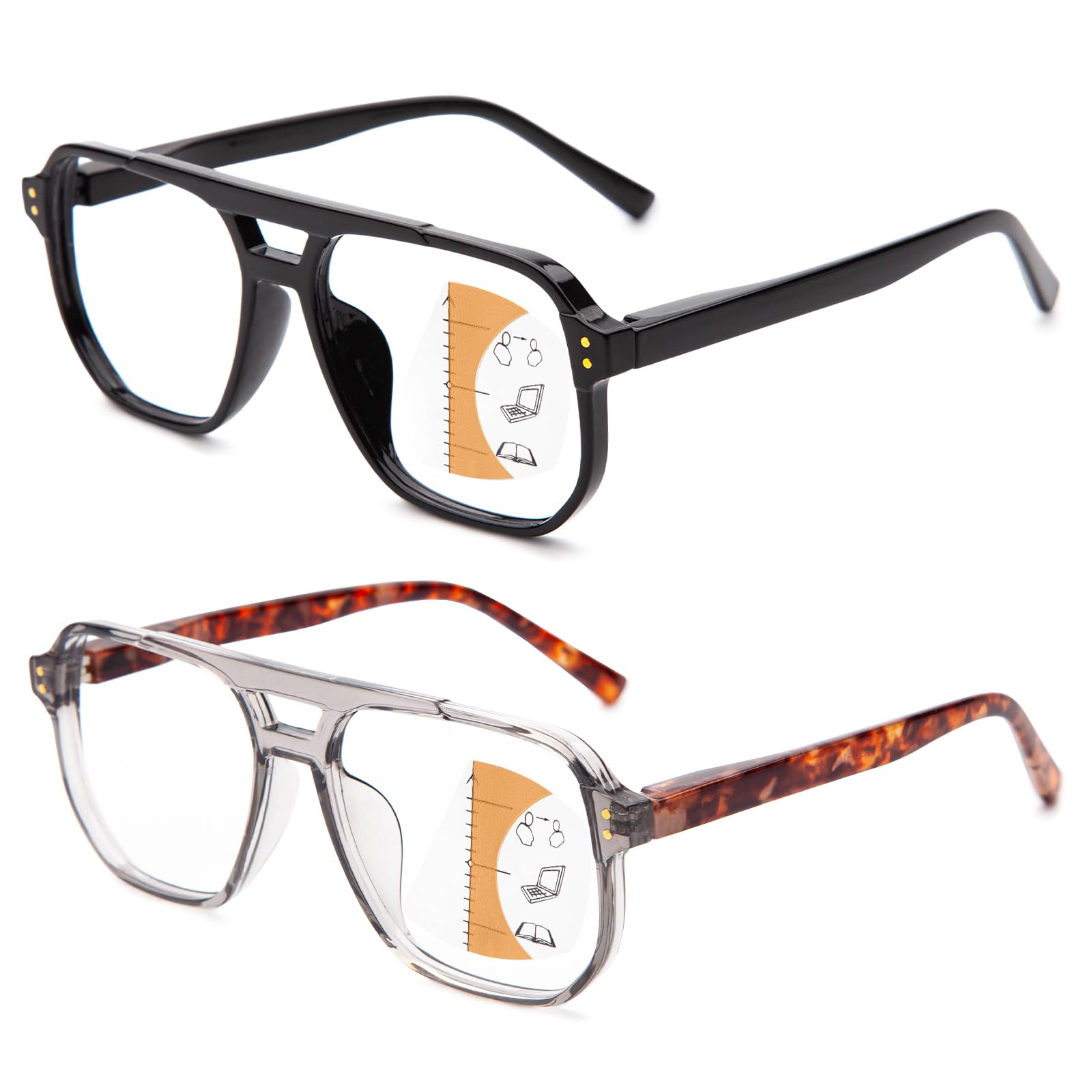 JO Progressive Multifocus Reading Glasses Men Women Oversize XL - No Line Progressive Reader Half-Rim for Mid-Near