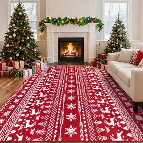 U'Artlines Red Christmas Living Room Rug, 8x10 ft Washable High-Low Pile Carpet, Non-Slip Winter Soft Xmas Holiday Area Rug for Bedroom Dining Room Nursery Entryway