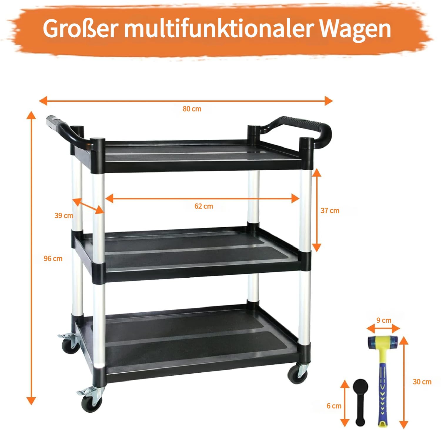 Kapler Universalwagen: Rollwagen mit 3 Ebenen, Leicht und Stabil, Schwarz-Weiß, Mit Handgriffen für Küche, Büro und Heimlagerung, Vielseitig und Praktisch