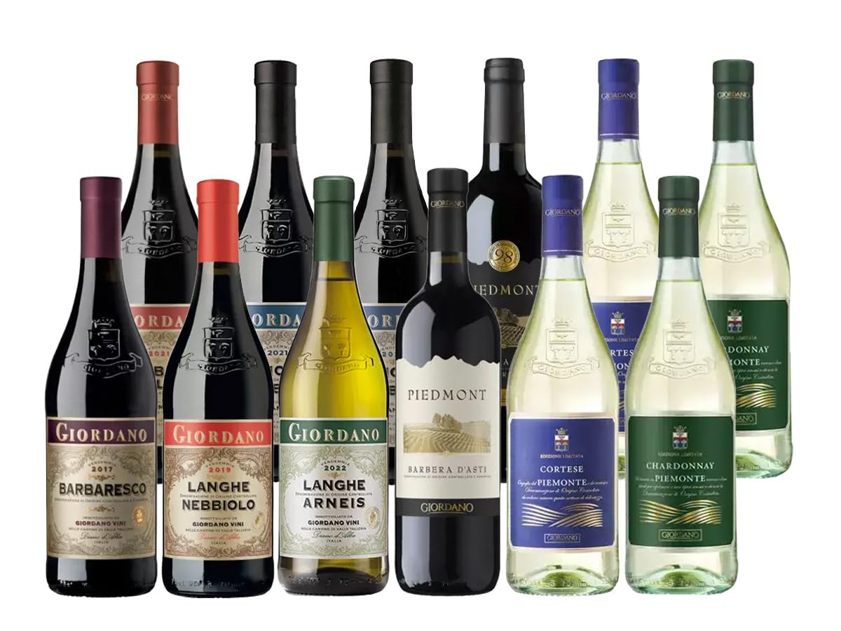 Giordano - SELEZIONE PIEMONTE - Confezione di vini originari del Piemonte dal Gusto Secco. 10 tipologie di Vino tra Bianco e Rosso - 12 Bottiglie da 75 cl