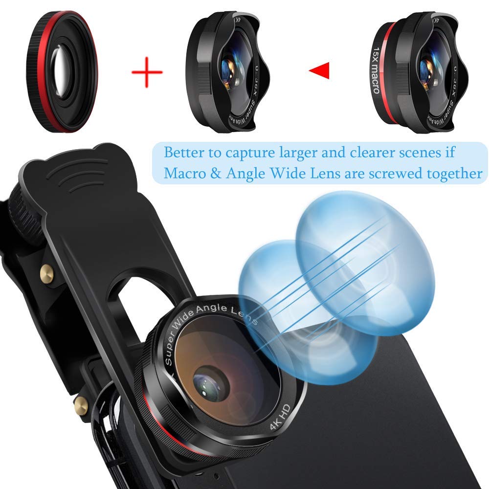 Phone Camera Lens Kit, 5 in 1 Cell Phone Lens Kit - 12X Zoom Telephoto Lens + Fisheye Lens + Super Wide Angle Lens+ Macro Lens Compatible with Smartphones/Pixel/Samsung/Android Phones Camera