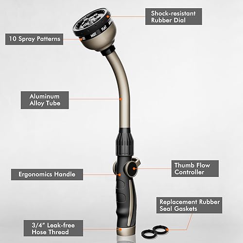 Miniatura 2 de RESTMO Varita de riego resistente, varita de manguera de jardín de metal con 10 patrones de pulverización, rociador de boquilla de manguera de 15