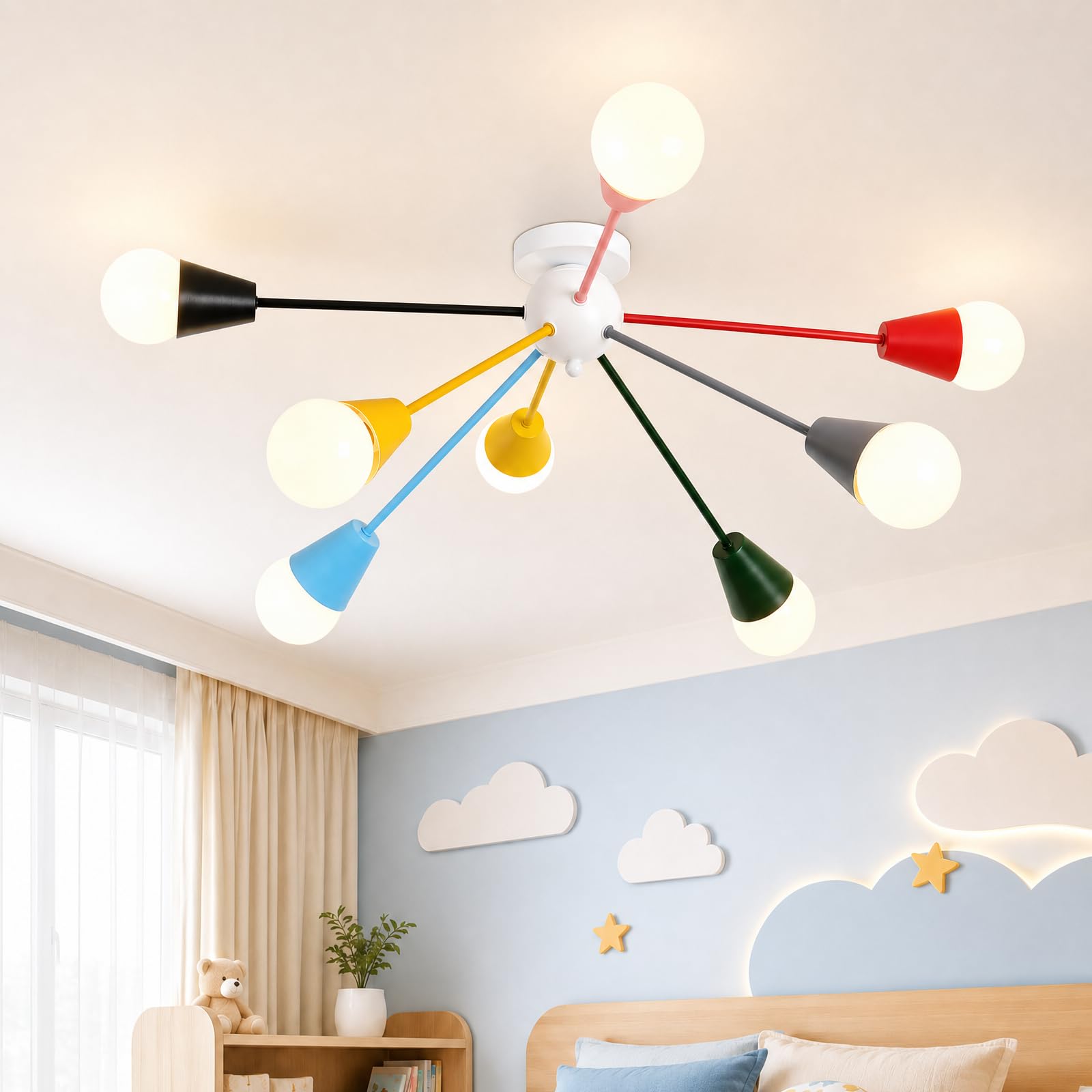 ZORYATA 33” Kids Ceiling Light Fixture, Colorful 8-Light Sputnik