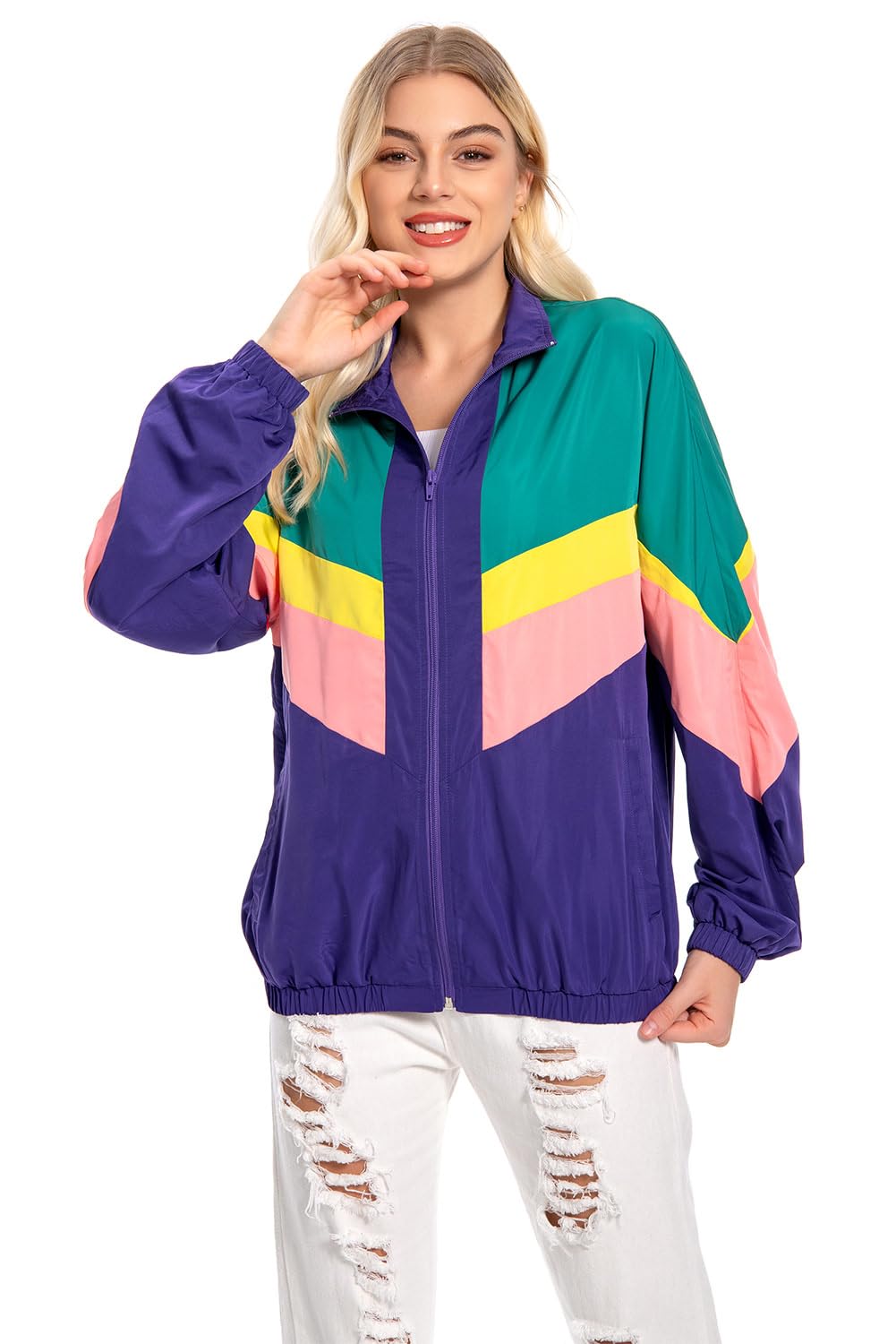 Giacca da allenamento anni '80, da donna, stile retrò, abbigliamento sportivo, colorato, hip-hop, discoteca, anni '80, anni '90