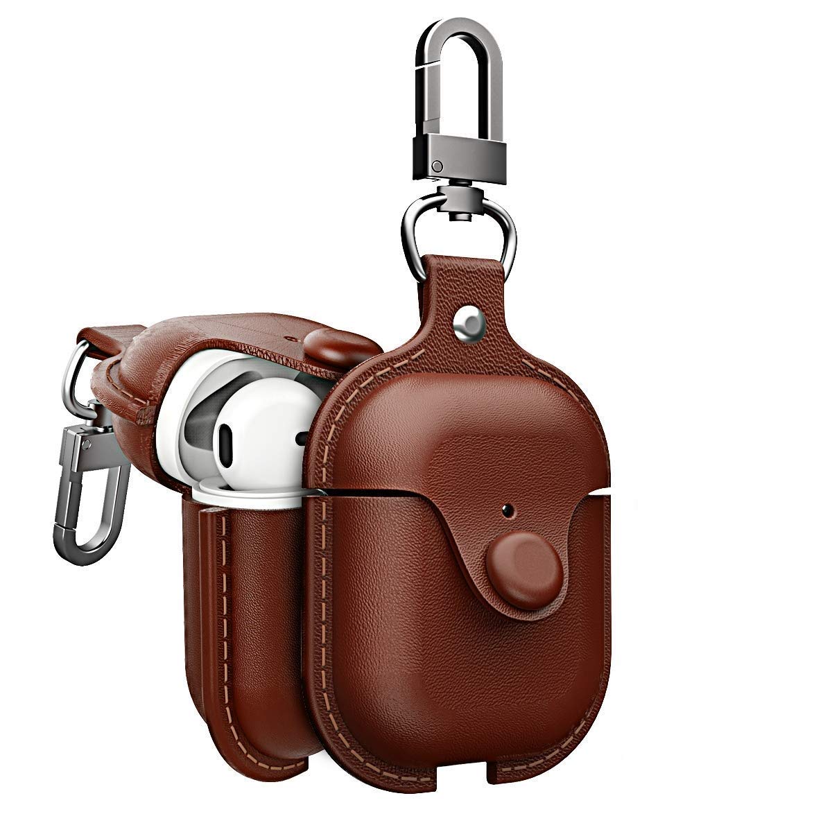 ANTONIACover Case Compatible for AirPods Gen 1 & 2 | Tan - PU Leather Protective Case with Button Lock & Metal Keychain | (Only Cover)