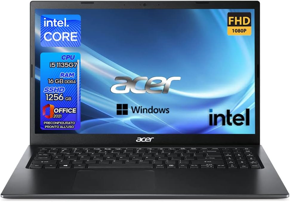 Acer Notebook, Pc Portatile intel i5, 11th 4 Core, RAM 16Gb, SSHD 1256 Gb, 15.6 FHD, Grafica Intel Iris Xe, Windows 11 Pro, Office Pro, pronto alluso, gar. Italia Acer Notebook, Pc Portatile intel i5, 11th 4 Core, RAM 16Gb, SSHD 1256 Gb, 15.6 FHD, Grafica Intel Iris Xe, Windows 11 Pro, Office Pro, pronto alluso, gar. Italia