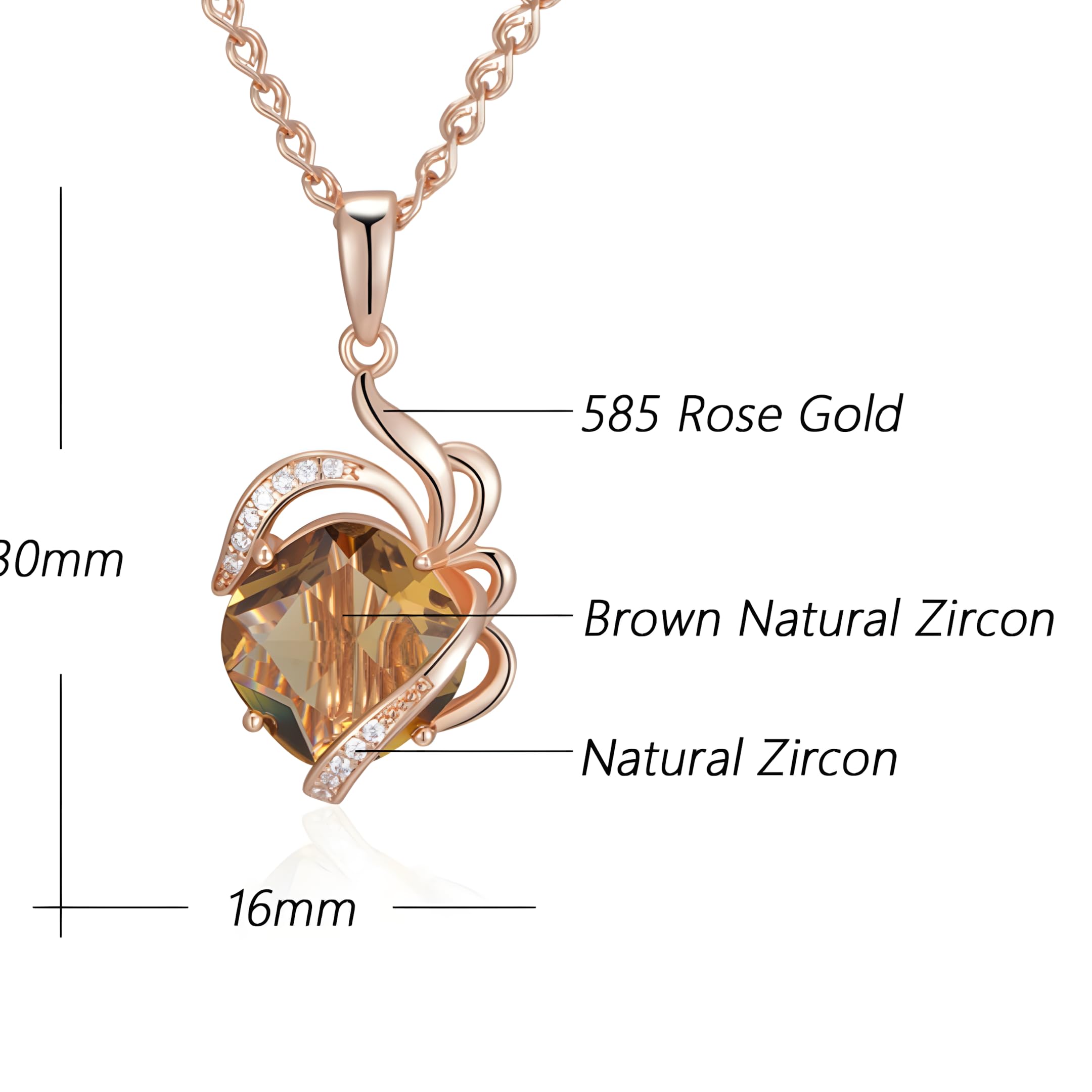 Elegante collar con colgante de circonita natural marrón para mujer, diseño único de flor de cristal 585, color oro rosa, joyería diaria 1272