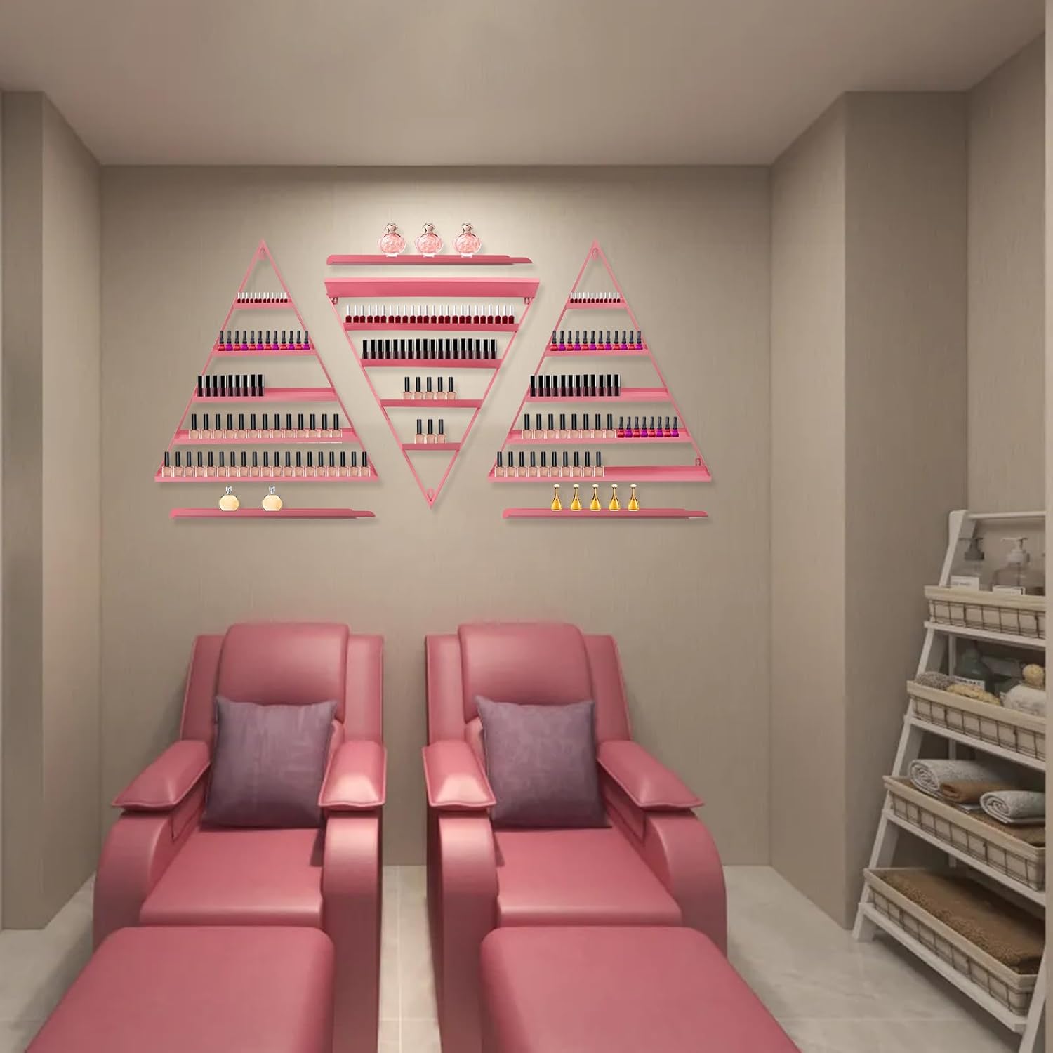 Wall-Mounted Nail Polish Rack, 5 Tier Triangular Cosmetic Display Shelves Set of 6 Essential Oil and Perfume Combo Rack for Nail Salon Shop (Pink)