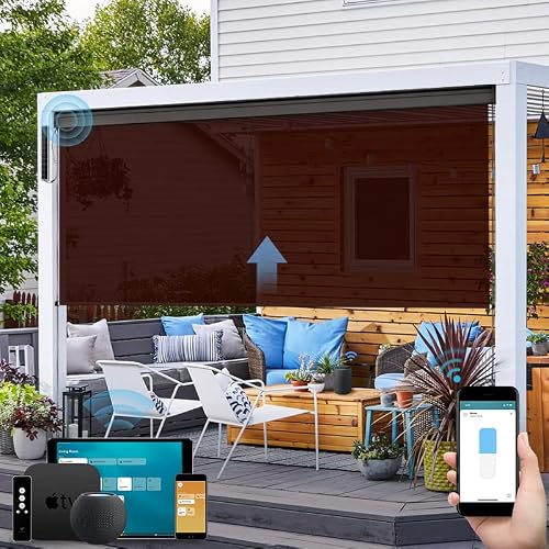 SmartWings Motorized Outdoor Patio Shades Roll Up Blinds for Porch Waterproof Work with Homekit Window Shade Smart Motor Remote Control Screen Sun Roller Shade Blinds Custom, 5% Openness Dark Brown