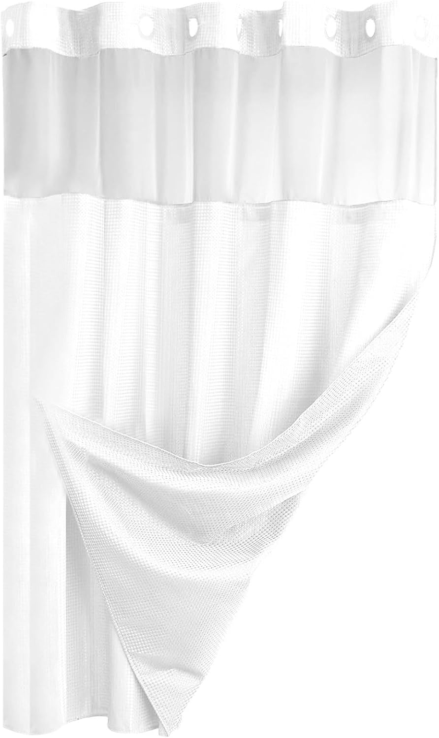 Bathroom Shower Curtain, No Hook Shower Curtain with Snap in Liner,Easy Install Hotel Style, Curtains for Bathroom with See Through Top Window,Waterproof &Washable (Light White)