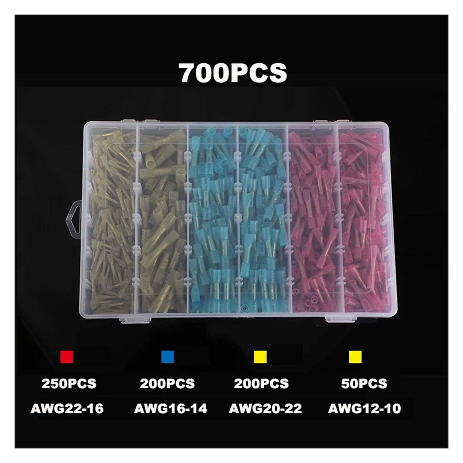 Złącza przewodów, Złącza przewodów termokurczliwych, izolowane, uszczelnione, zaciskane, końcówki tulejkowe(Boxed 700PCS)