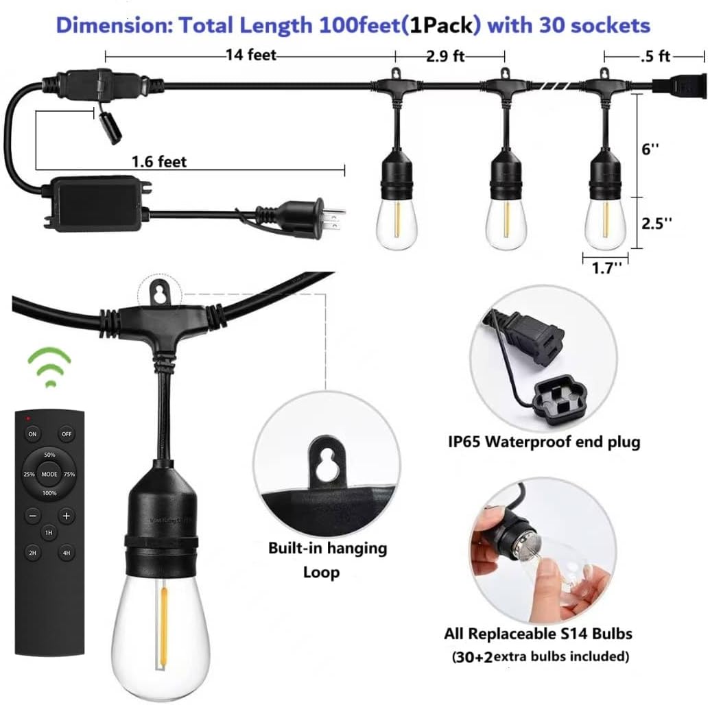 100FT Outdoor String Lights Remote Control Patio Lights Waterproof Commercial Grade, 30+2 Replaceable Dimmable Edison Bulbs, Black 1Pack, Linkable, Hooks and Zip Ties Included