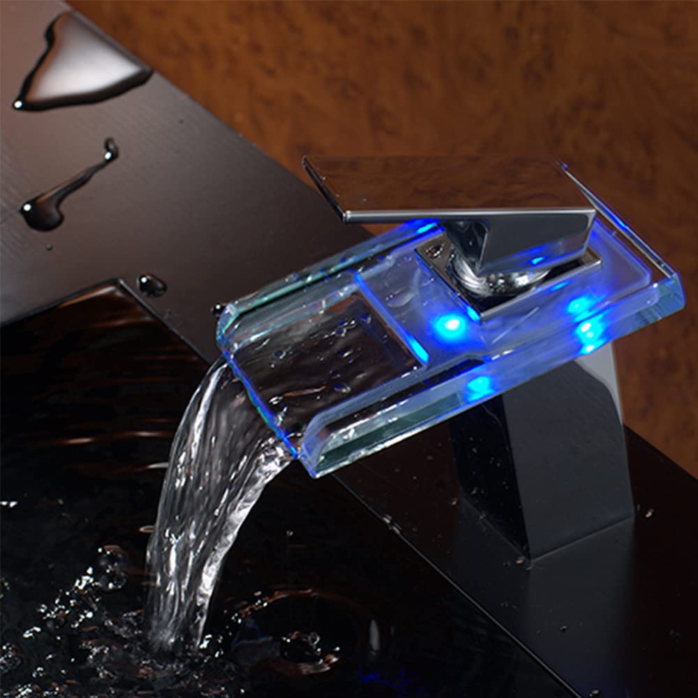 MINRS Robinet cascade LED, robinet de salle de bain, mitigeur chromé et brillant, éclairage à 3 couleurs changeantes