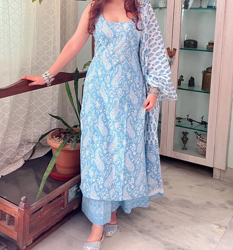 Image of Women's Cotton Anarkali Kurta Set with Dupatta | Sleeveless Printed Kurti & Palazzo Suit | Ethnic Wear for Girls & Women