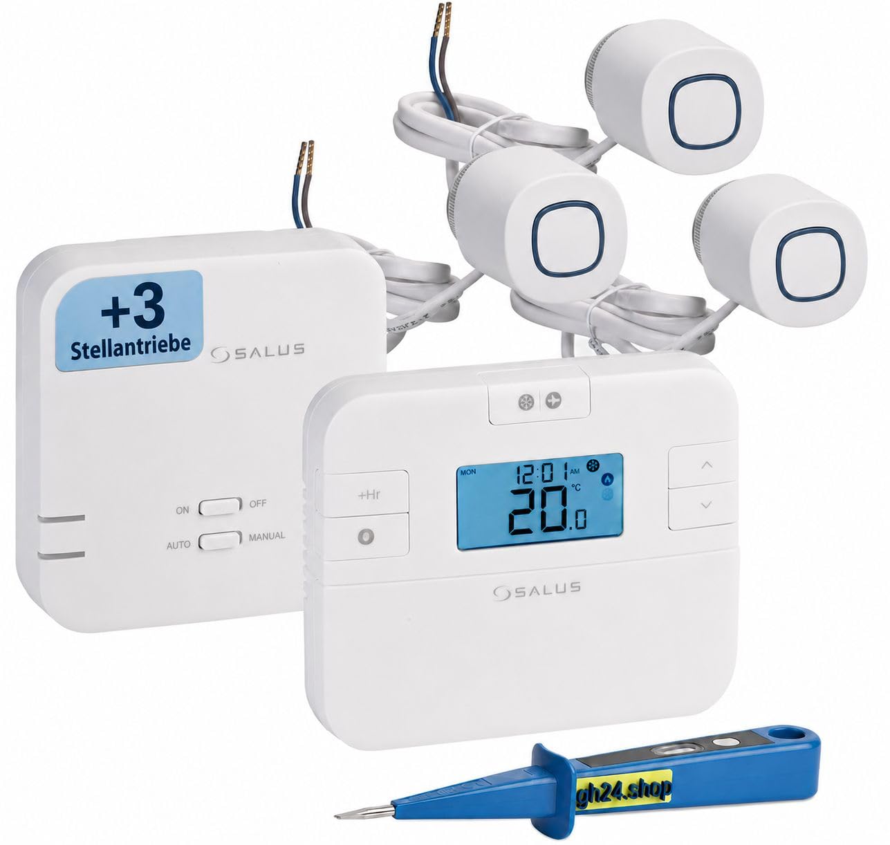 SALUS Controls SmartHome Heizung Einzelraumregelung Digitaler Funk Raumthermostat mit Empfänger, 3X Stellantrieb und 1x gh24 Phasenprüfer
