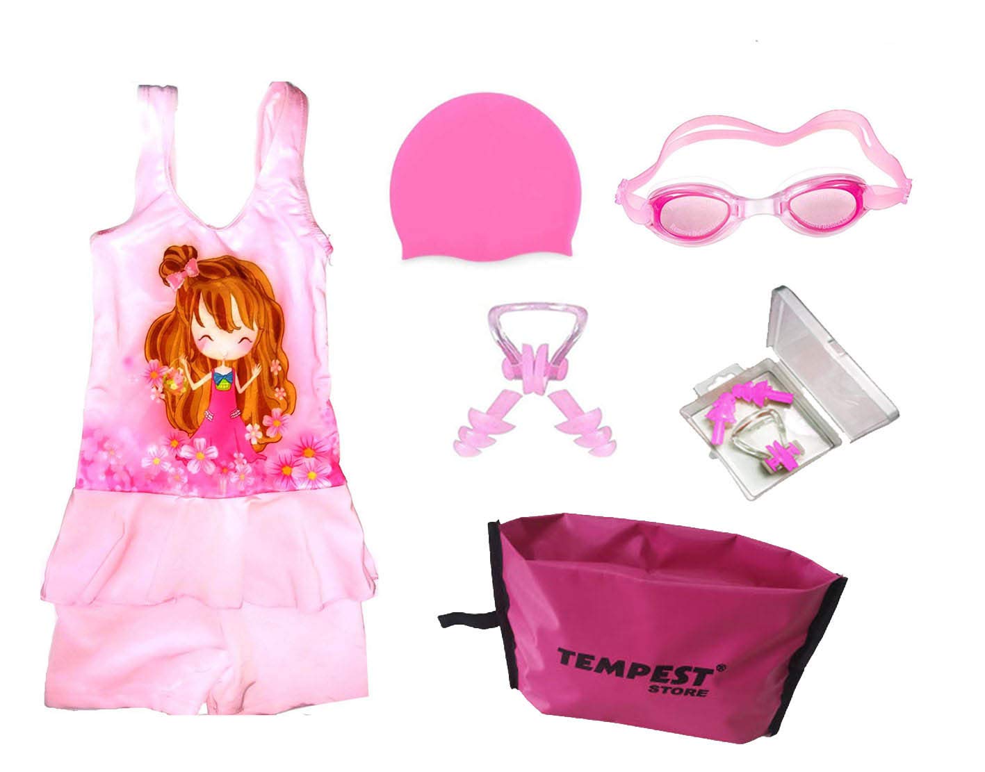 TEMPESTGirls Doll Swimming Kit with Swimming Costume Swimming Goggles Silicone Swimming Cap Ear Plug and Nose Plug with Free KIT Bag