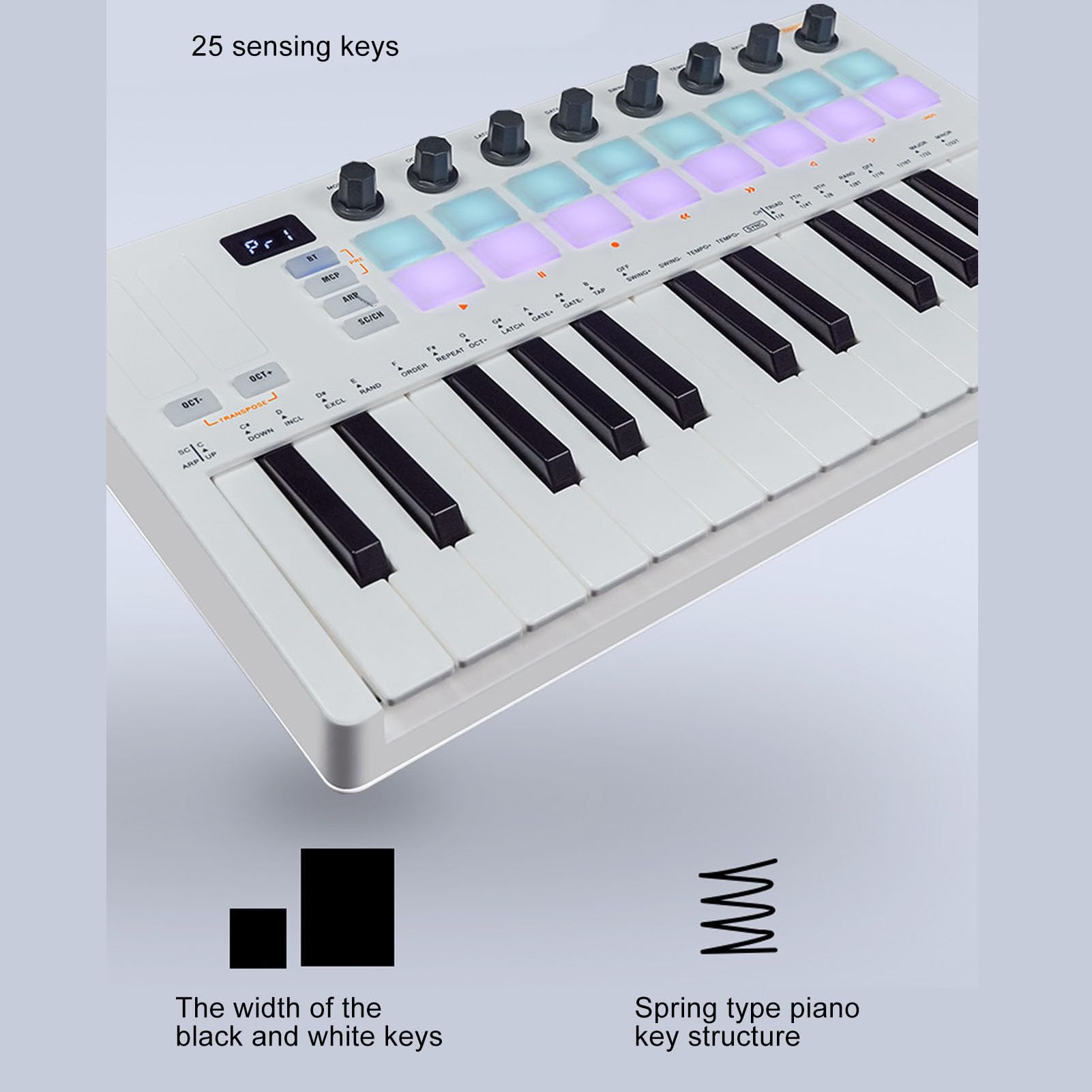 Controller MIDI Wireless, 25 Chiavi Sensibili alla Velocità, Compact per Produttori di Musica, Controller MIDI per Studio Casa, Sintetizzatore Virtuale, DJ e Musicisti Elettronici
