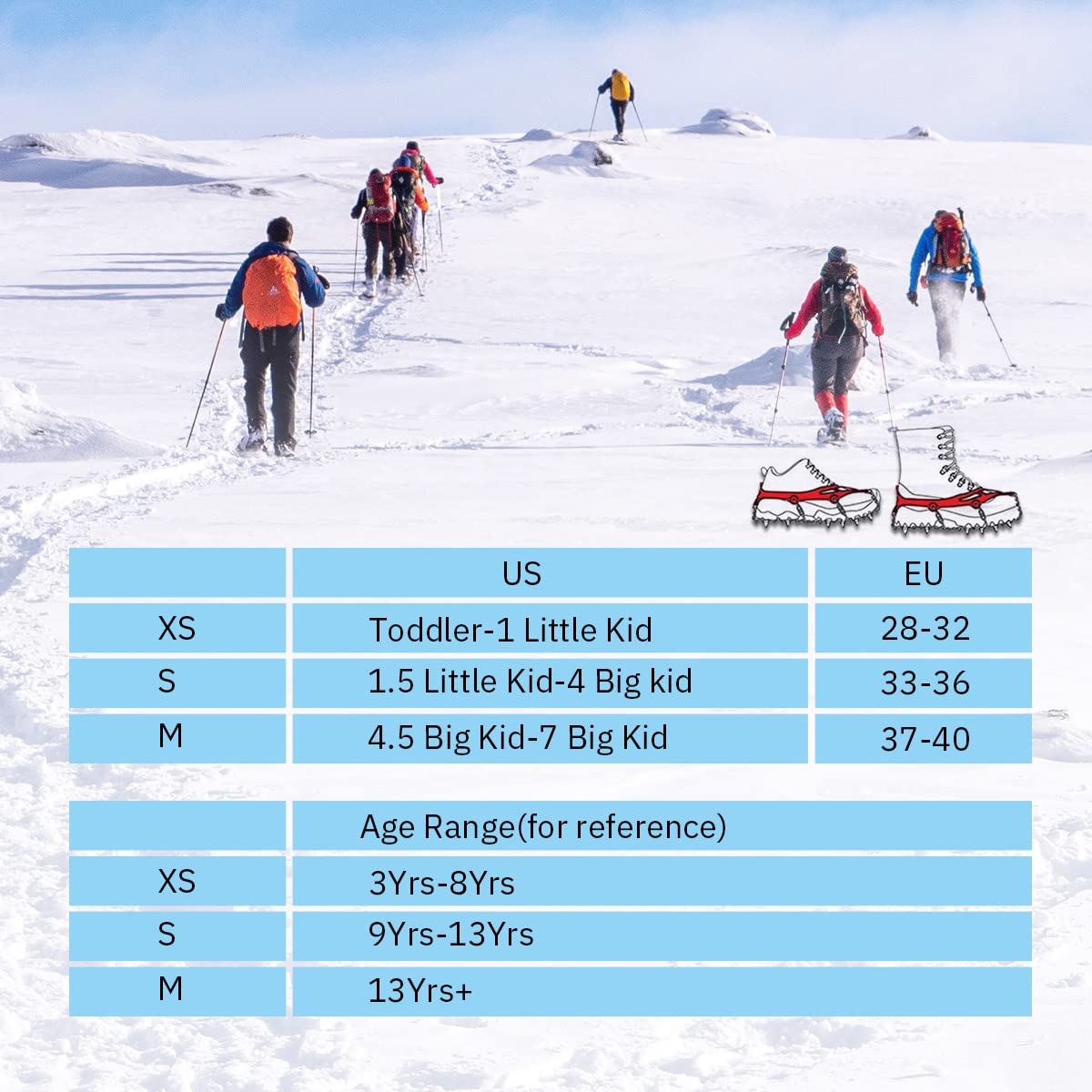 Eisklampen für Kinder, Steigeisen für Kinder, Wanderstiefel und Schuhe, Edelstahl, rutschfeste Traktionsstollen, Eis-Schnee-Griffe, Mikro-Spikes zum Eisfischen, Walken, Wandern und Klettern, Spielzeug