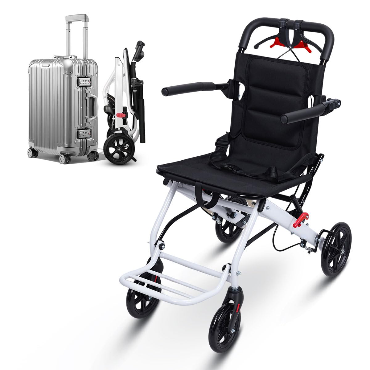 Lekki składany wózek inwalidzki dla dorosłych, ultralekki, składany fotel transportowy 8,2 kg, z kółkami PU, obrót o 360° i paskiem bezpieczeństwa, kompaktowa konstrukcja, podróżny wózek inwalidzki